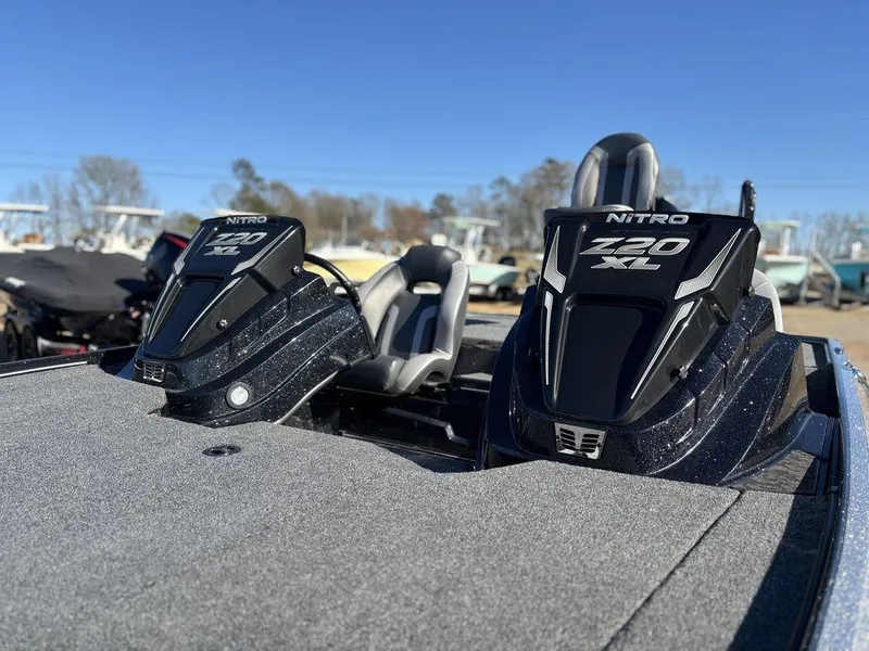 Slide: The Image of 2025 Nitro Z20 XL Pro boat with dual engines, sleek design, and spacious deck. - 8