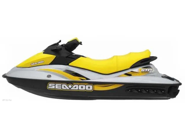 Slide: The Image of 2007 Sea-Doo GTI SE 155 jet ski, yellow and white design, side view. - 14