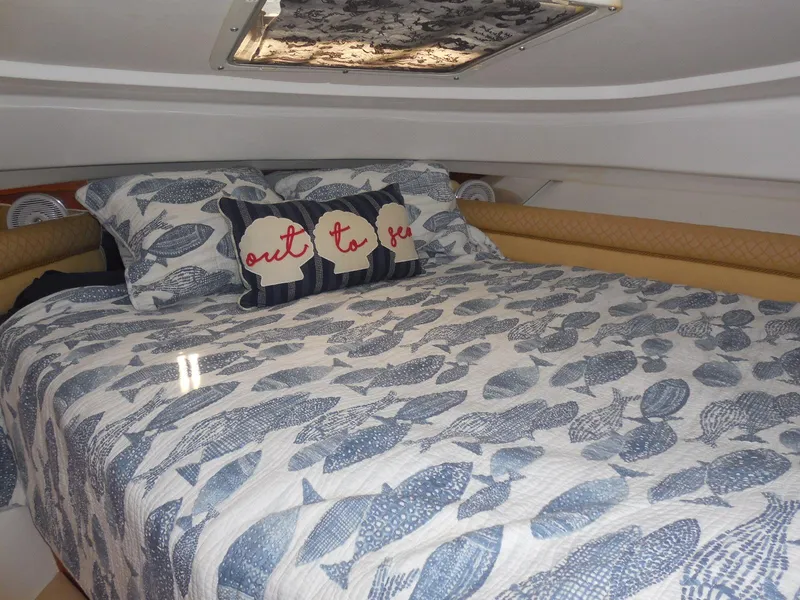 Slide: The Image of 2005 Stamas 370 Express cabin with fish-patterned bedding and decorative pillows. - 45