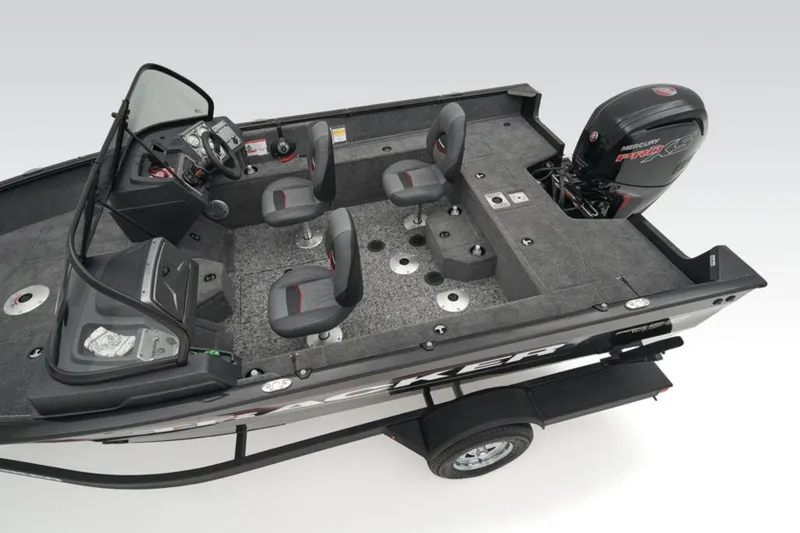 Slide: The Image of 2025 Tracker Pro Guide™ V-175 WT boat interior with seating and motor, on trailer. - 19