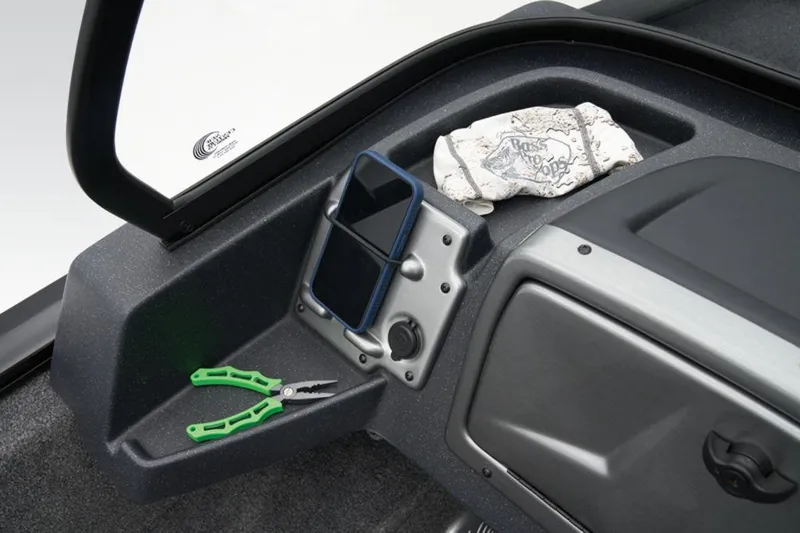 Slide: The Image of 2025 Tracker Pro Guide™ V-175 WT dashboard with tools and phone holder. - 27