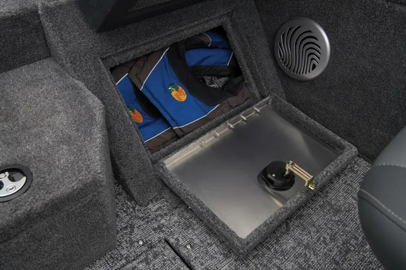 Slide: The Image of 2025 Tracker Pro Guide V-175 WT boat storage compartment with safety gear. - 40