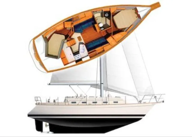 Slide: The Image of 2008 Island Packet 370 sailboat with detailed interior layout and exterior side view. - 47