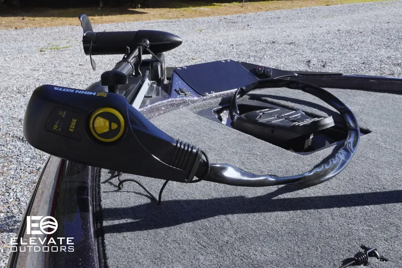 Slide: The Image of Trolling motor on 2025 Skeeter ZX150 boat deck, featuring Elevate Outdoors branding. - 17