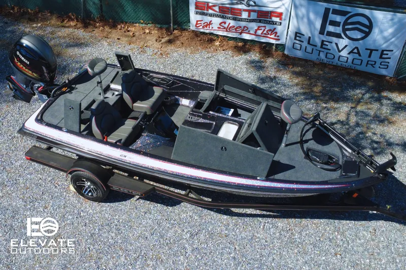 Slide: The Image of 2025 Skeeter ZX150 fishing boat displayed outdoors with Elevate Outdoors branding. - 3