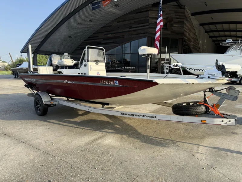 Slide: The Image of 2016 Ranger RP 190 boat on trailer, parked outside a modern building. - 2