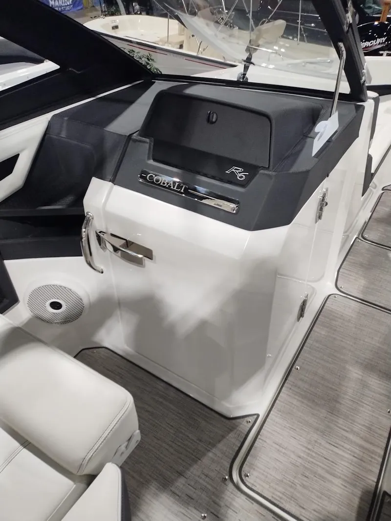 Slide: The Image of 2025 Cobalt R6 Surf boat interior with sleek design and modern features. - 3