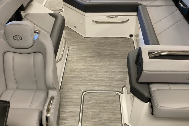 Slide: The Image of Luxurious interior of 2025 Cobalt R6 boat with sleek gray seating and modern design. - 6