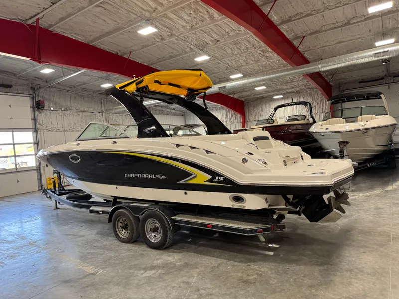 Slide: The Image of 2008 Chaparral Sunesta 284 boat on trailer in indoor storage facility. - 3