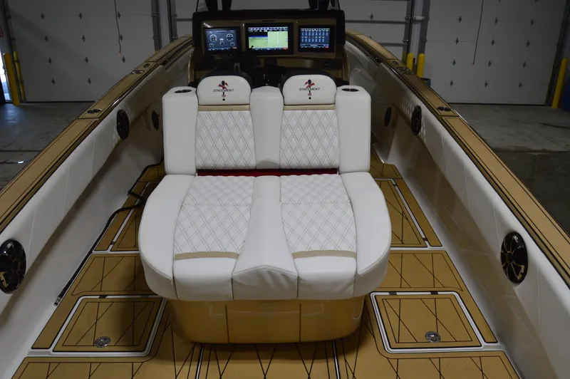 Slide: The Image of Luxurious interior of a 2017 Statement 380 Open boat with plush seating and advanced controls. - 23