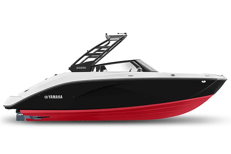 Slide: The Image of 2025 Yamaha Boats 222SE, sleek black and red design, side view. - 31