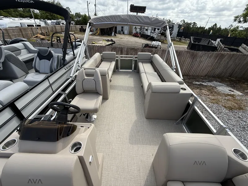 Slide: The Image of 2025 Avalon VLS 23 Quad Lounger pontoon boat with spacious seating and modern design. - 4
