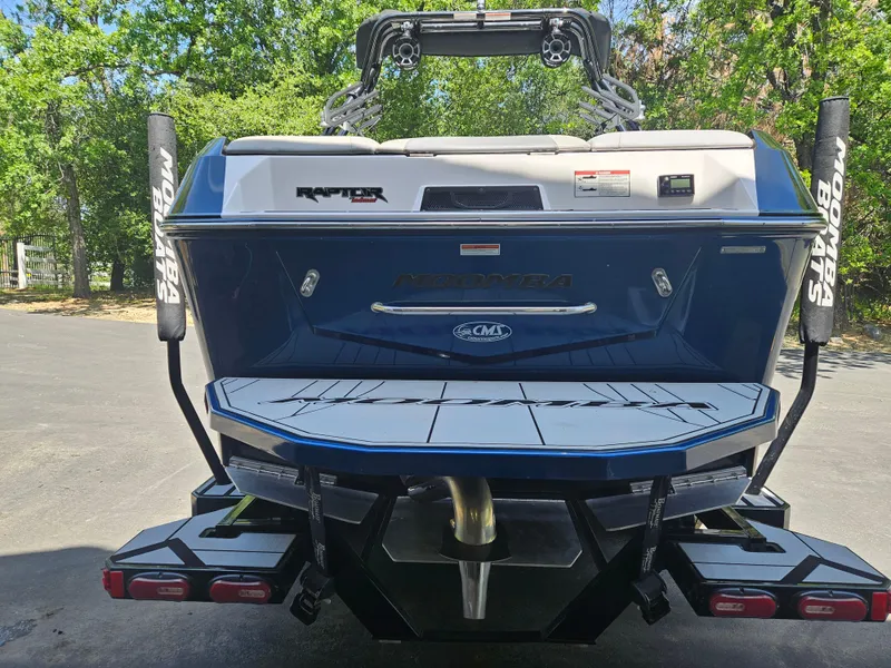 Slide: The Image of 2020 Moomba Max boat rear view with swim platform and wakeboard tower. - 12