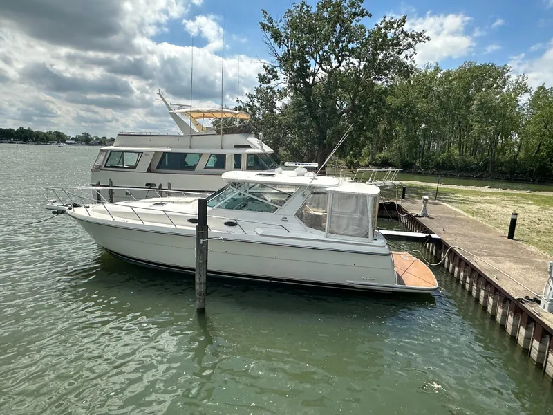 Slide: The Image of 1998 Tiara Yachts 4000 Express docked by a serene lakeside with trees in the background. - 5
