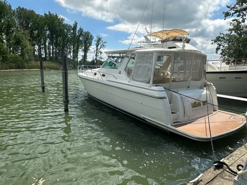 Slide: The Image of 1998 Tiara Yachts 4000 Express docked in a serene marina setting. - 6