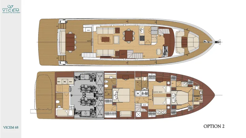 Slide: The Image of Floor plan of 2026 Vicem 68 yacht, option 2 layout, showcasing interior and deck design. - 3