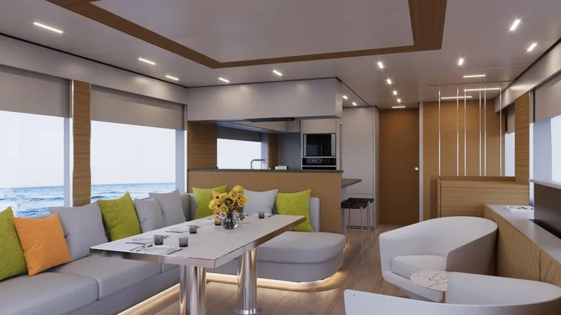 Slide: The Image of Luxurious interior of 2026 Vicem 68 yacht with modern dining area and ocean view. - 8