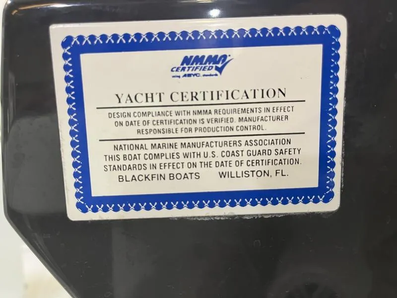 Slide: The Image of Yacht certification label for 2019 Blackfin 272 CC, NMMA certified, U.S. Coast Guard compliant. - 16