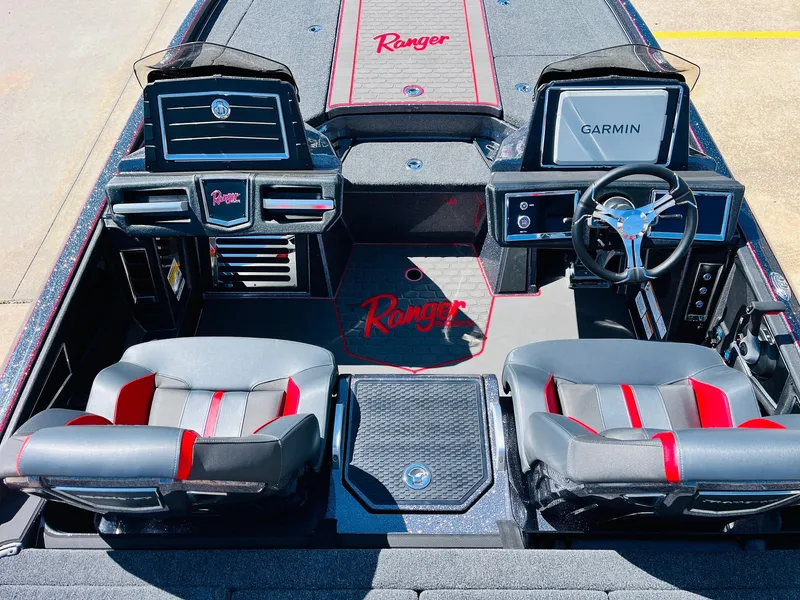 Slide: The Image of 2025 Ranger Z521R Cup-Equipped boat interior with Garmin system and dual seats. - 31