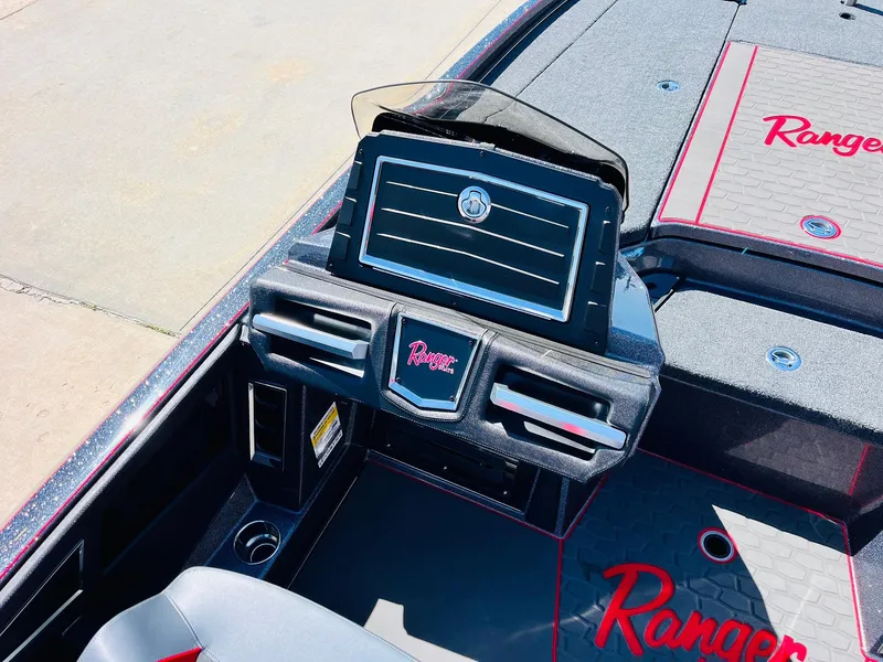 Slide: The Image of 2025 Ranger Z521R Cup-Equipped boat dashboard with modern controls and branding. - 32