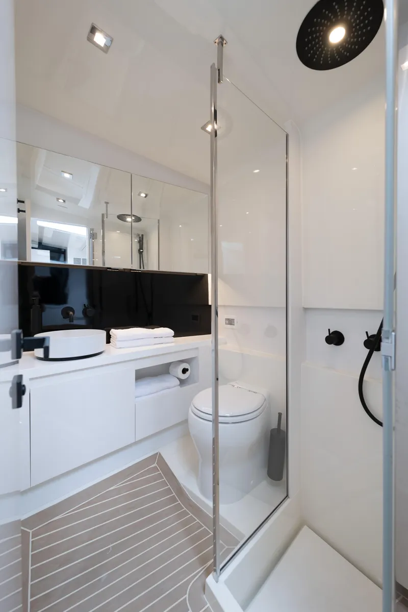 Slide: The Image of Luxurious bathroom in 2024 VanDutch 56 yacht, featuring modern design and sleek fixtures. - 17
