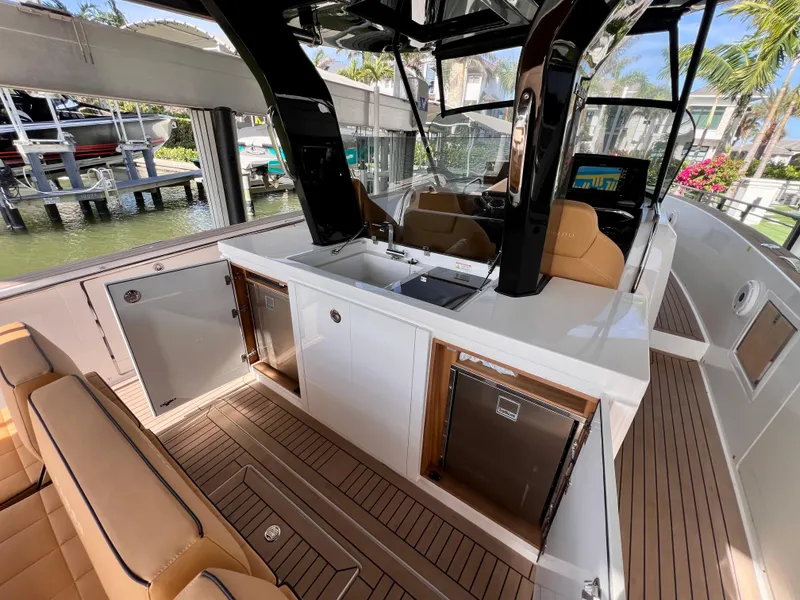 Slide: The Image of 2024 Pardo Yachts P38 interior with sleek design, modern amenities, and luxurious seating. - 28