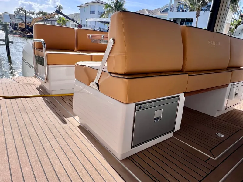 Slide: The Image of 2024 Pardo Yachts P38 interior with tan seating and sleek design. - 31