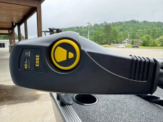 Slide: The Image of Trolling motor control on 2025 Lowe Skorpion 16 boat, featuring Edge model with 45 thrust. - 3