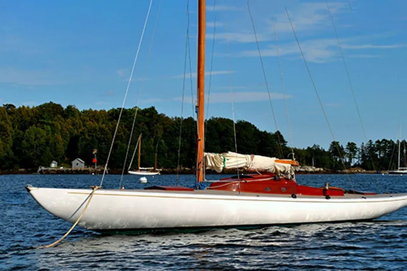 The Image of Vintage 1941 Reimers SK22 sailboat on serene lake with lush green shoreline. - 0