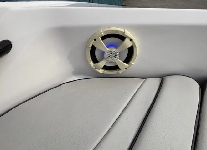 Slide: The Image of 2022 Yamaha Boats AR190 interior with speaker and cushioned seating. - 28