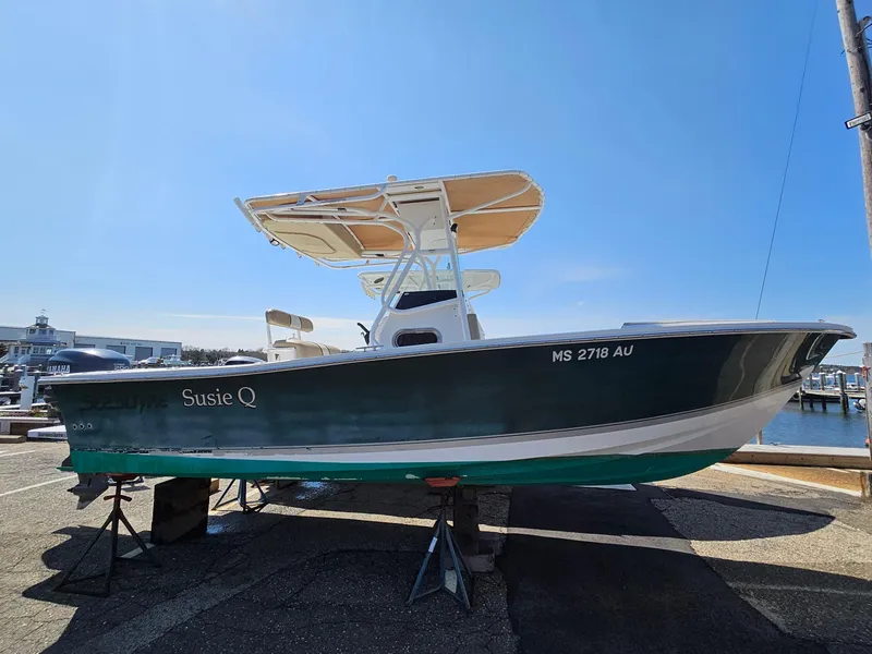 Slide: The Image of 2007 Seastrike 220 B boat on stands, named "Susie Q," in a marina setting. - 1