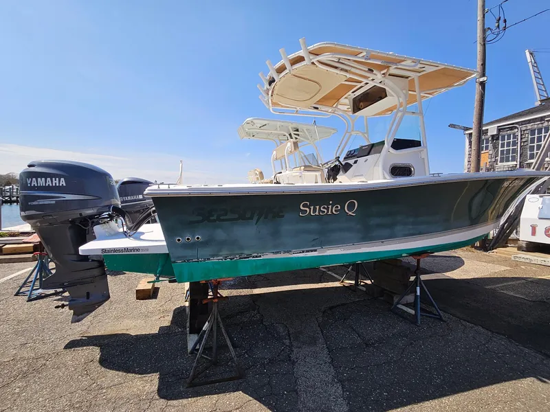 Slide: The Image of 2007 Seastrike 220 B boat "Susie Q" with Yamaha outboard motor on display. - 2