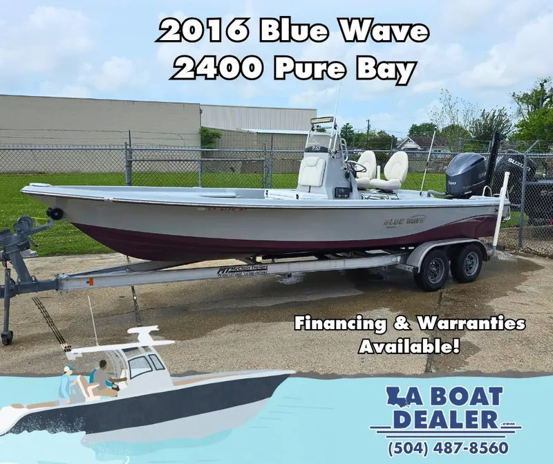 Slide: The Image of 2016 Blue Wave 2400 PureBay boat on trailer, financing available, LA Boat Dealer contact info. - 1