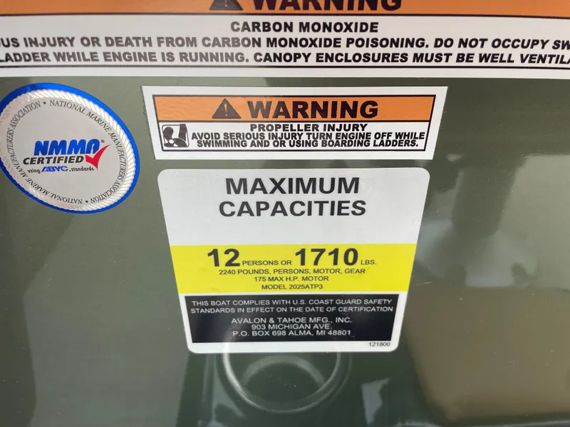Slide: The Image of Warning label on 2025 Tahoe Pontoon 2185 CRB showing maximum capacities and safety instructions. - 16