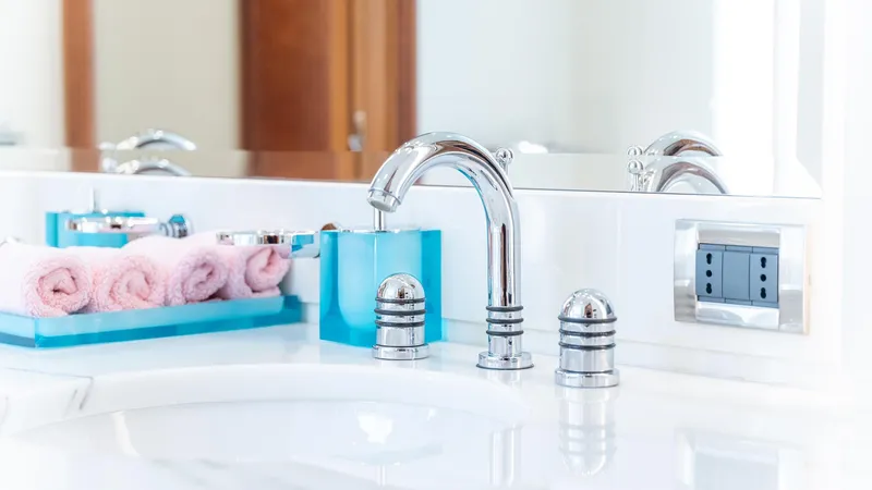 Slide: The Image of Luxurious yacht bathroom with chrome faucet, pink towels, and modern design on Feadship TASIA. - 16