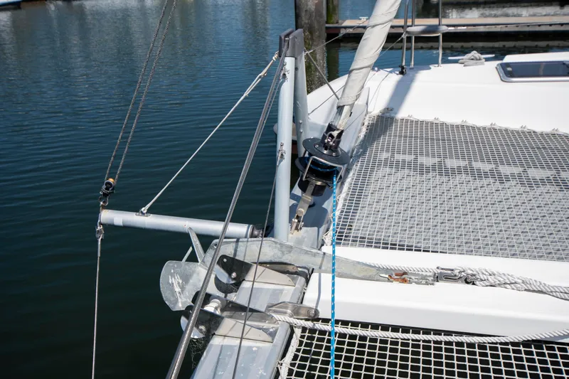 Slide: The Image of 2017 Lagoon 42 catamaran deck with netting and rigging details. - 16