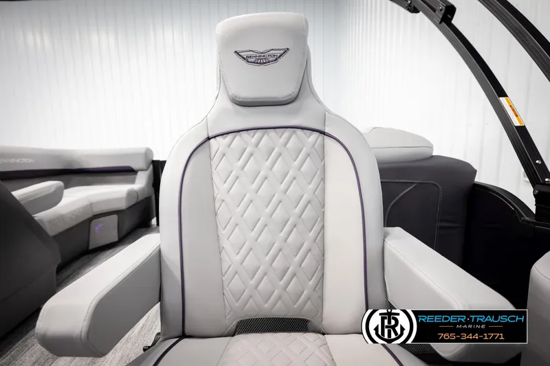 Slide: The Image of Luxury seating in 2025 Bennington 22 MFBSE boat, featuring diamond-stitched upholstery. - 34