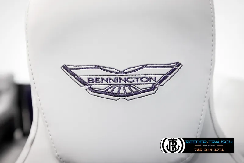 Slide: The Image of 2025 Bennington 22 MFBSE logo on white seat with Reeder-Trausch Marine branding. - 35