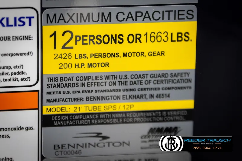 Slide: The Image of Capacity label for 2025 Bennington 22 MFBSE boat, 12 persons or 1663 lbs, 200 HP motor. - 49