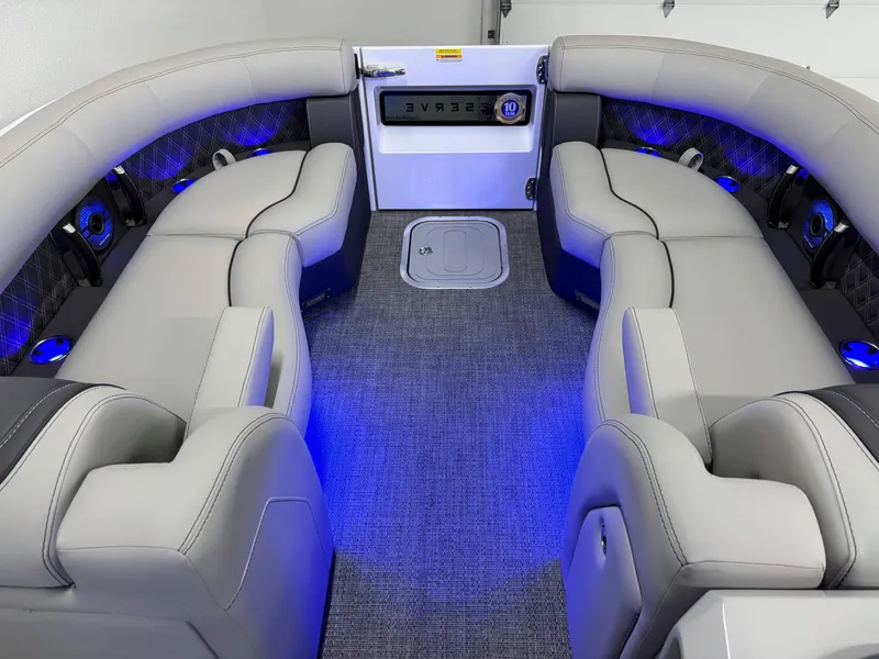 Slide: The Image of 2025 Barletta Reserve Leggera R26UCA interior with plush seating and blue LED lighting. - 42