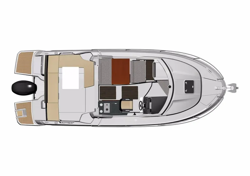 Slide: The Image of Top view of 2025 Jeanneau NC 795 boat layout, featuring seating and cabin areas. - 24