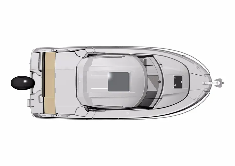 Slide: The Image of 2025 Jeanneau NC 795 boat, top view, sleek design, outboard motor, spacious deck. - 27