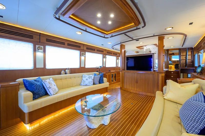 Slide: The Image of Luxurious interior of 2011 Marlow 97 Explorer yacht with elegant seating and modern decor. - 15