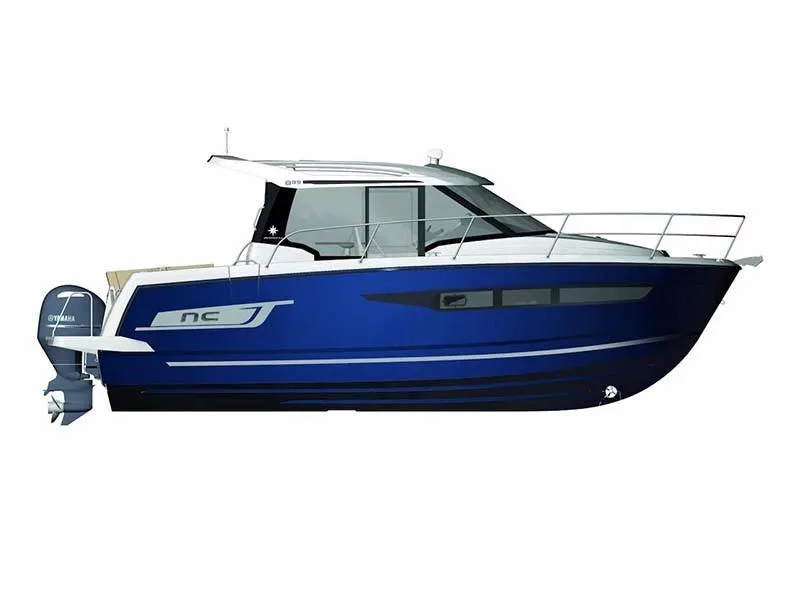 Slide: The Image of 2024 Jeanneau NC 895 boat, blue hull, sleek design, outboard motor, side view. - 20