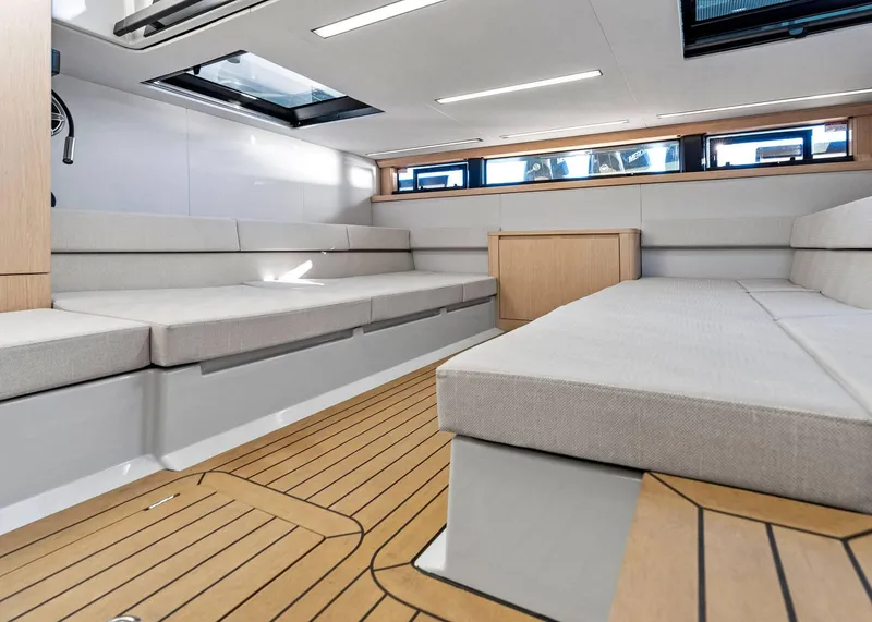 Slide: The Image of 2025 XO Boats EXPLR 44 interior with sleek seating and modern design. - 39