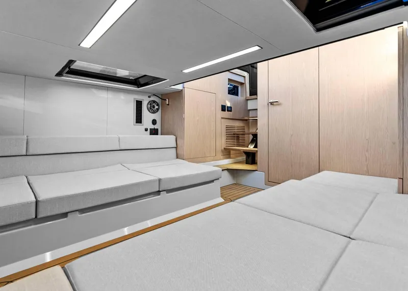 Slide: The Image of Modern interior of 2025 XO Boats EXPLR 44, featuring sleek design and comfortable seating. - 42