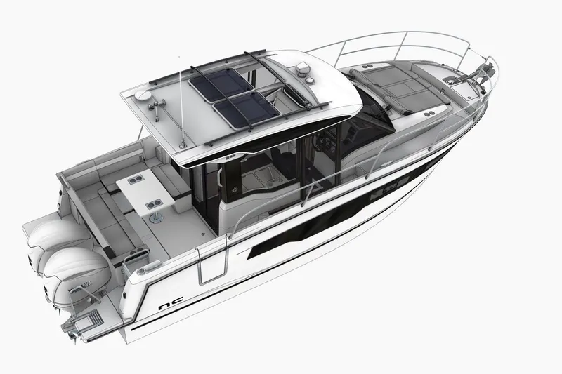 Slide: The Image of 2025 Jeanneau NC 895 Series 2 boat, top view, showcasing sleek design and dual engines. - 92