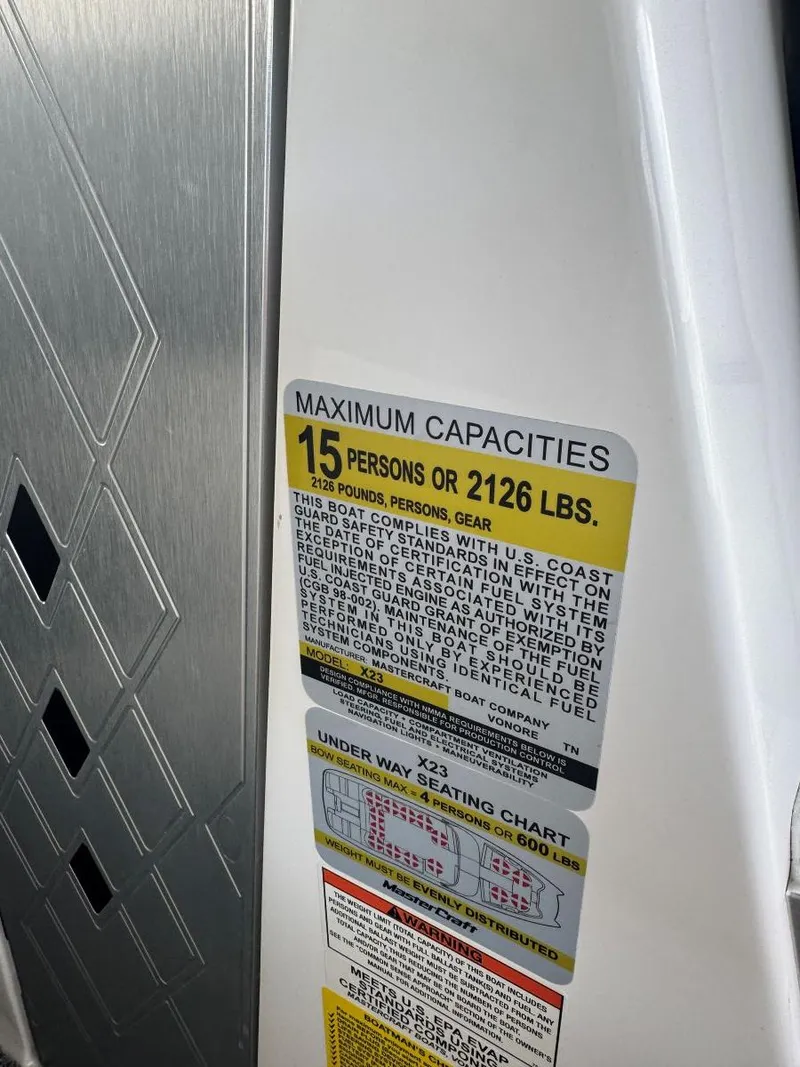 Slide: The Image of Capacity label on 2015 MasterCraft X23 boat, indicating a maximum of 15 persons or 2126 lbs. - 33