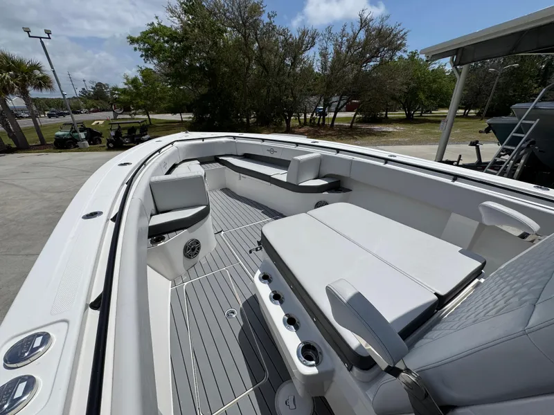 Slide: The Image of 2021 Fountain 38TE boat interior with spacious seating and sleek design. - 25