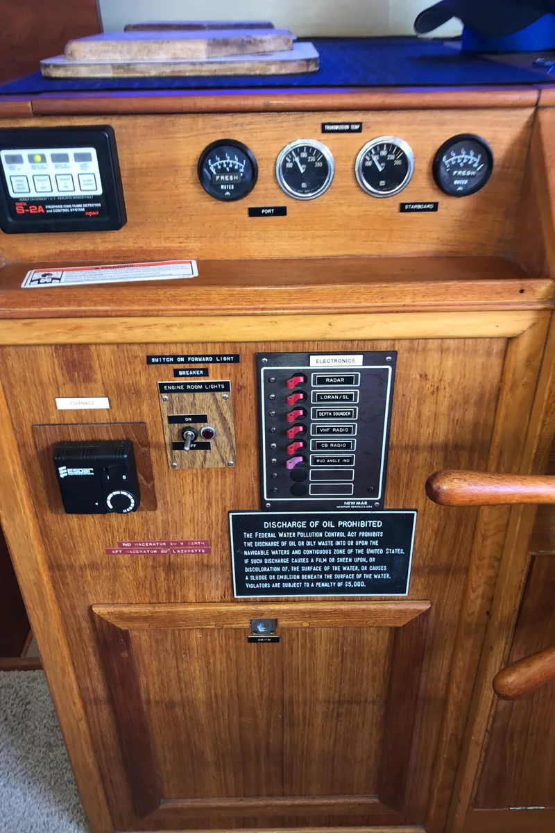 Slide: The Image of 1976 Grand Banks 42 Classic control panel with gauges and switches. - 36